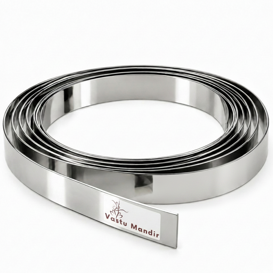 Stainless steel Vastu strip roll with Vastu Mandir branding on white