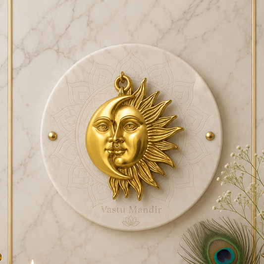 Brass Sun and Moon wall hanging mounted on a white marble disc with peacock feather accents