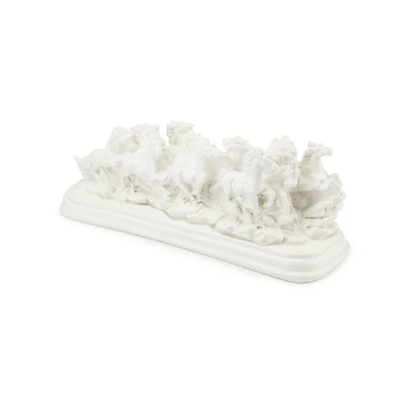 Twelve white running horses resin sculpture on a white background, left three-quarter view