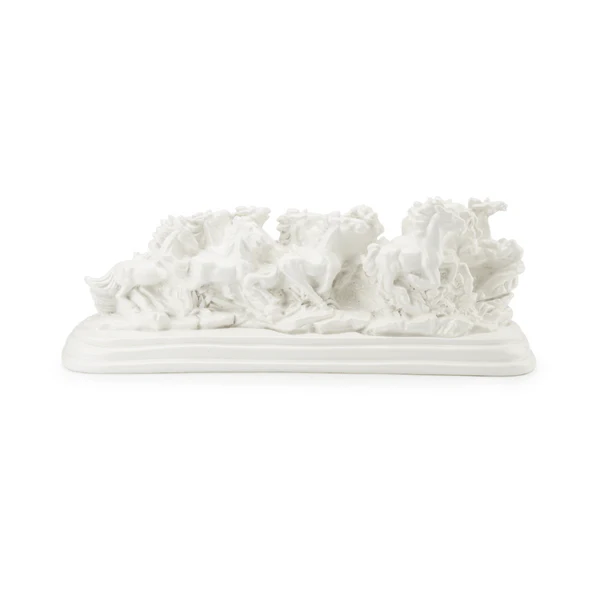 Twelve white running horses resin sculpture on a white background, front view