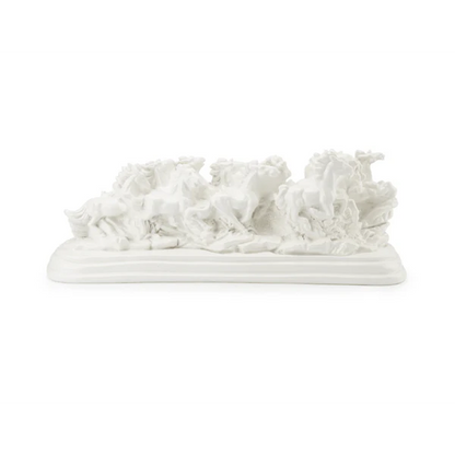 Twelve white running horses resin sculpture on a white background, front view