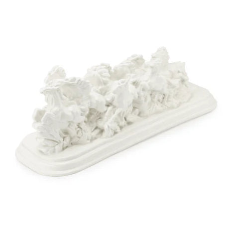 Twelve white running horses resin sculpture on a white background, front three-quarter view