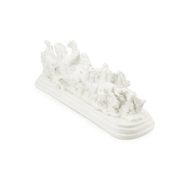 Twelve white running horses resin sculpture on a white background, right three-quarter view
