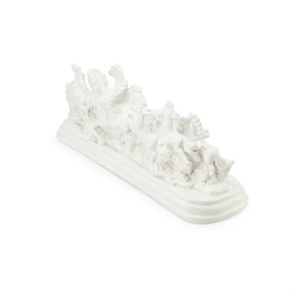 Twelve white running horses resin sculpture on a white background, right three-quarter view