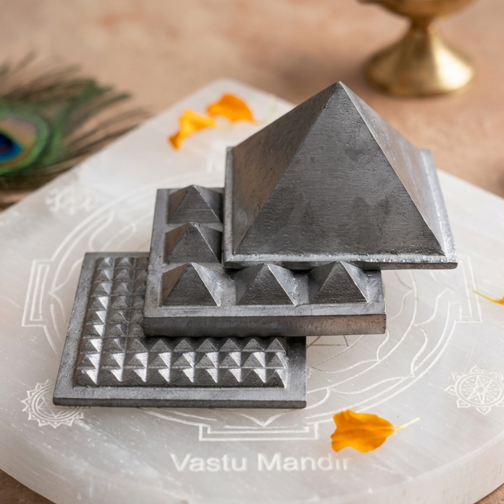 3-layer lead Vastu pyramid displayed on a white sacred plate with marigold petals