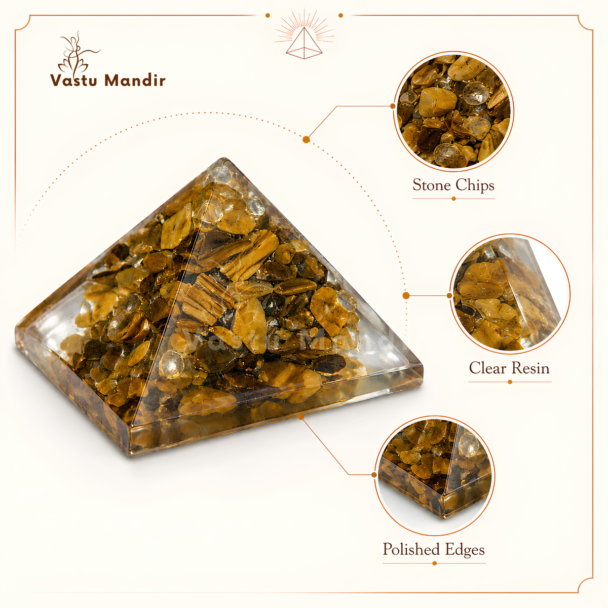 Tiger Eye Orgone Pyramid, orgonite – detail view of the base and layered construction