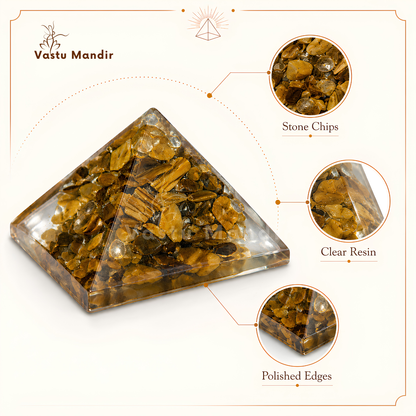 Tiger Eye Orgone Pyramid, orgonite – detail view of the base and layered construction
