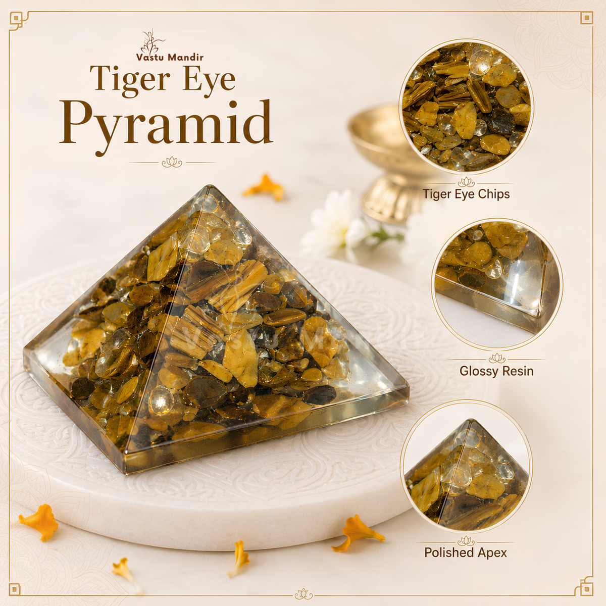 Tiger Eye Orgone Pyramid, orgonite – top-down view showing the apex and square base