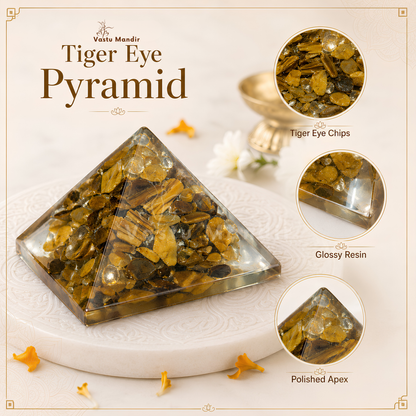 Tiger Eye Orgone Pyramid, orgonite – top-down view showing the apex and square base