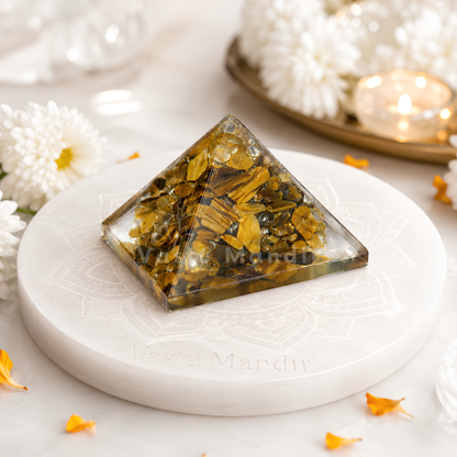 Tiger Eye Orgone Pyramid, orgonite – front-left angled view showing two pyramid faces