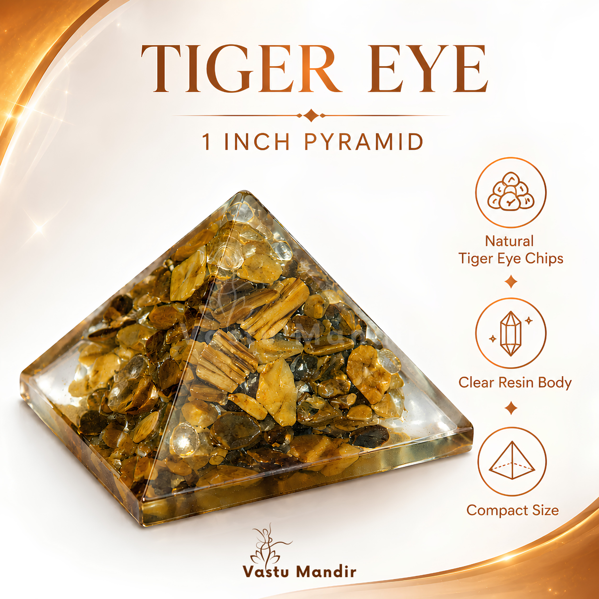 Tiger Eye Orgone Pyramid, orgonite – front-right angled view showing the opposite side