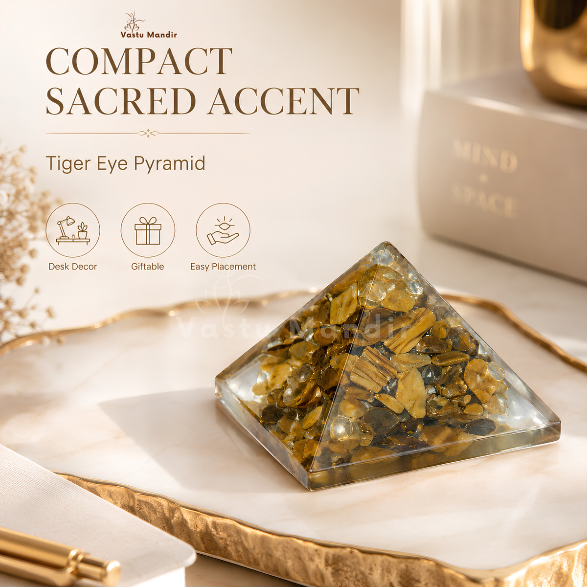 Tiger Eye Orgone Pyramid, orgonite – styled product display with the pyramid as the focus