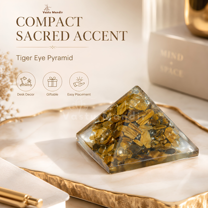 Tiger Eye Orgone Pyramid, orgonite – styled product display with the pyramid as the focus