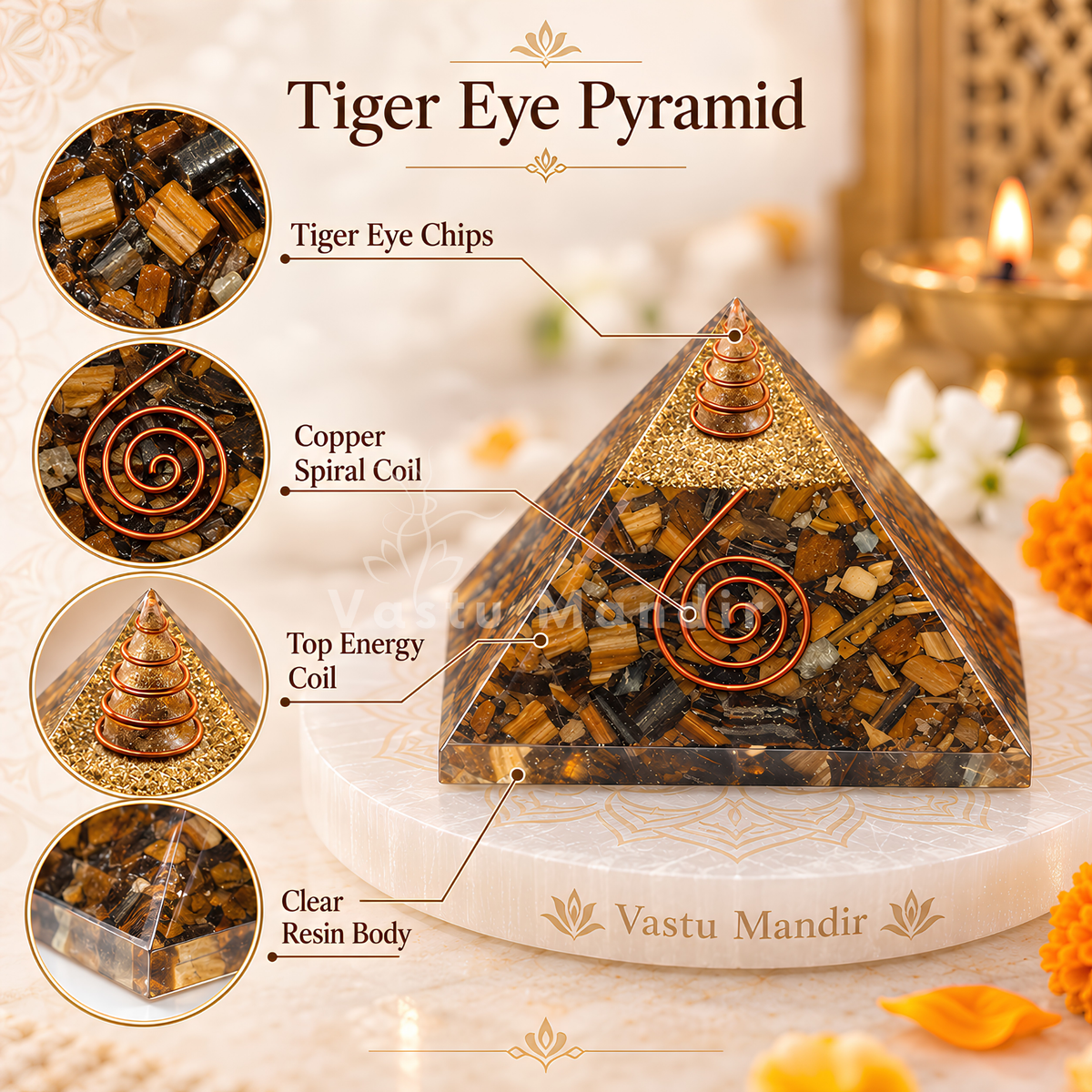 Tiger Eye Pyramid Vastu Remedy for Decision Making, Self Confidence and Professional Growth for Office Desk, Career Support and Leadership Focus | 6.5 cm | 130 g