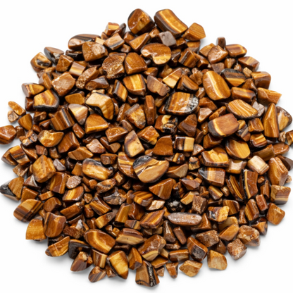 Pile of tiger eye stones on a white background