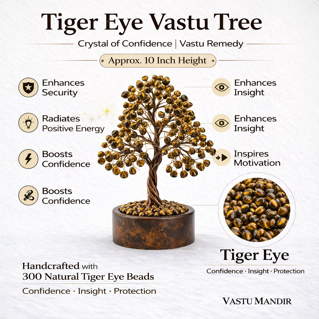 Tiger Eye Vastu Tree with benefits and details on a white background