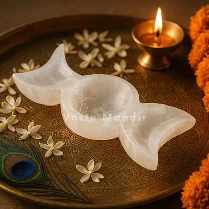 Triple Moon Selenite Charging Bowl on a gold plate with flowers and a lit candle.