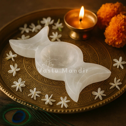 Triple Moon Selenite Charging Bowl with a white marble diya, a lit candle, and marigold flowers on a brown background.