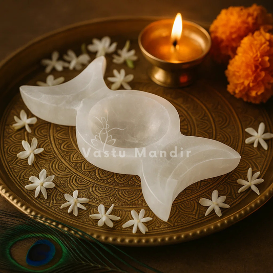 Triple Moon Selenite Charging Bowl with a white marble diya, a lit candle, and marigold flowers on a brown background.