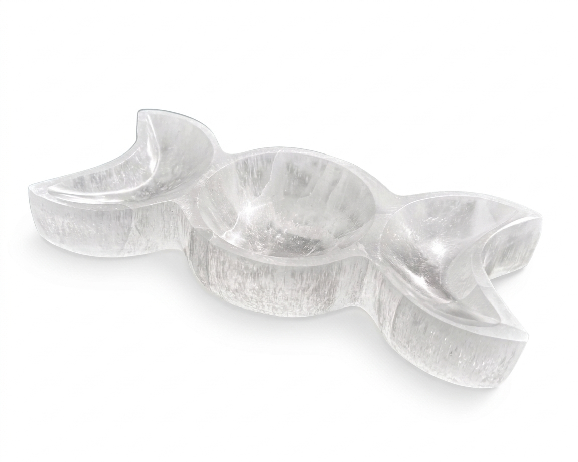 Triple Moon Selenite Charging Bowl on a white background