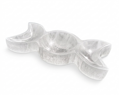 Triple Moon Selenite Charging Bowl on a white background