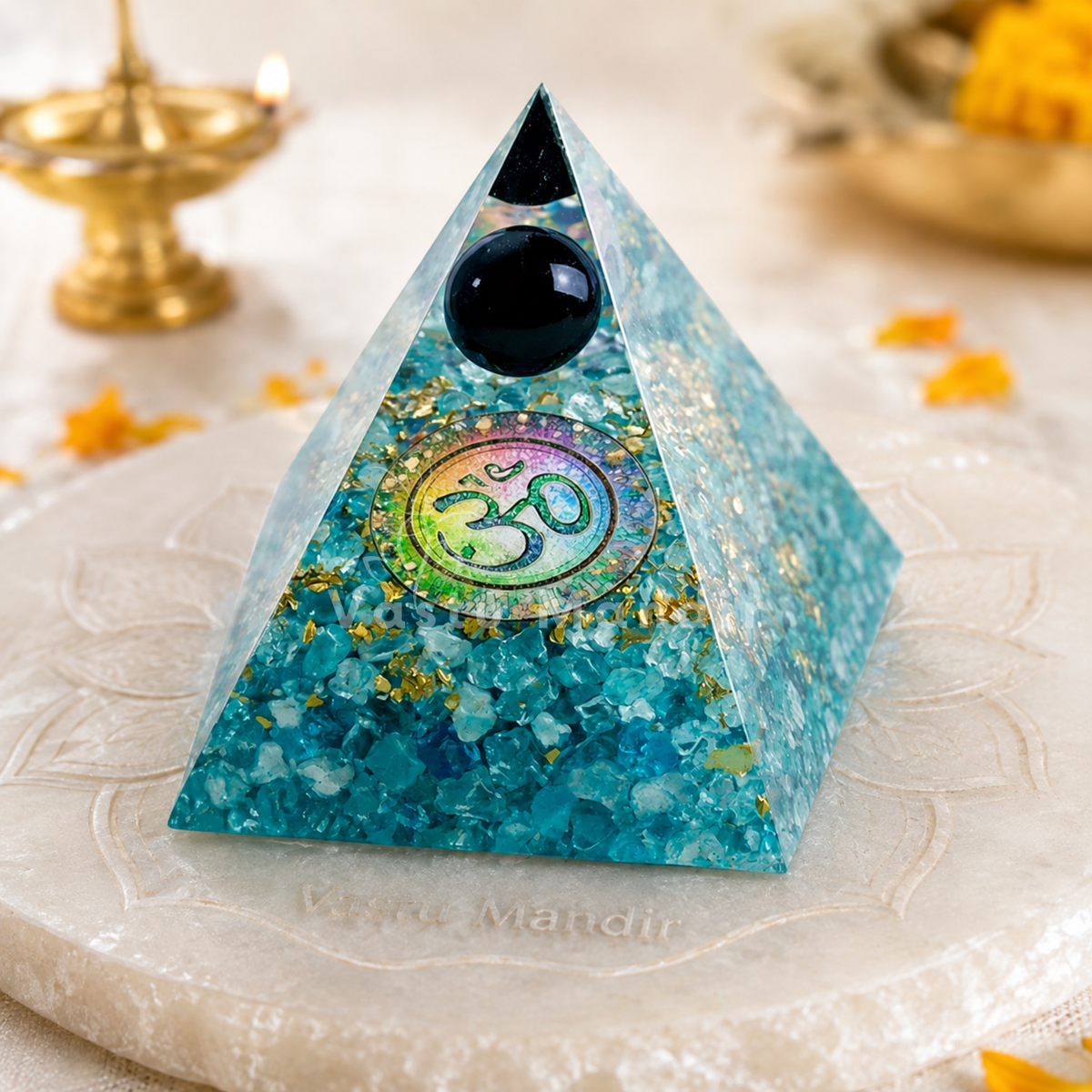 Natural Turquoise Crystal Sphere Pyramid Vastu Remedy for Good Fortune, Protection from Negativity and Healing Support for East and West Zone Placement | 8 cm | 180 g