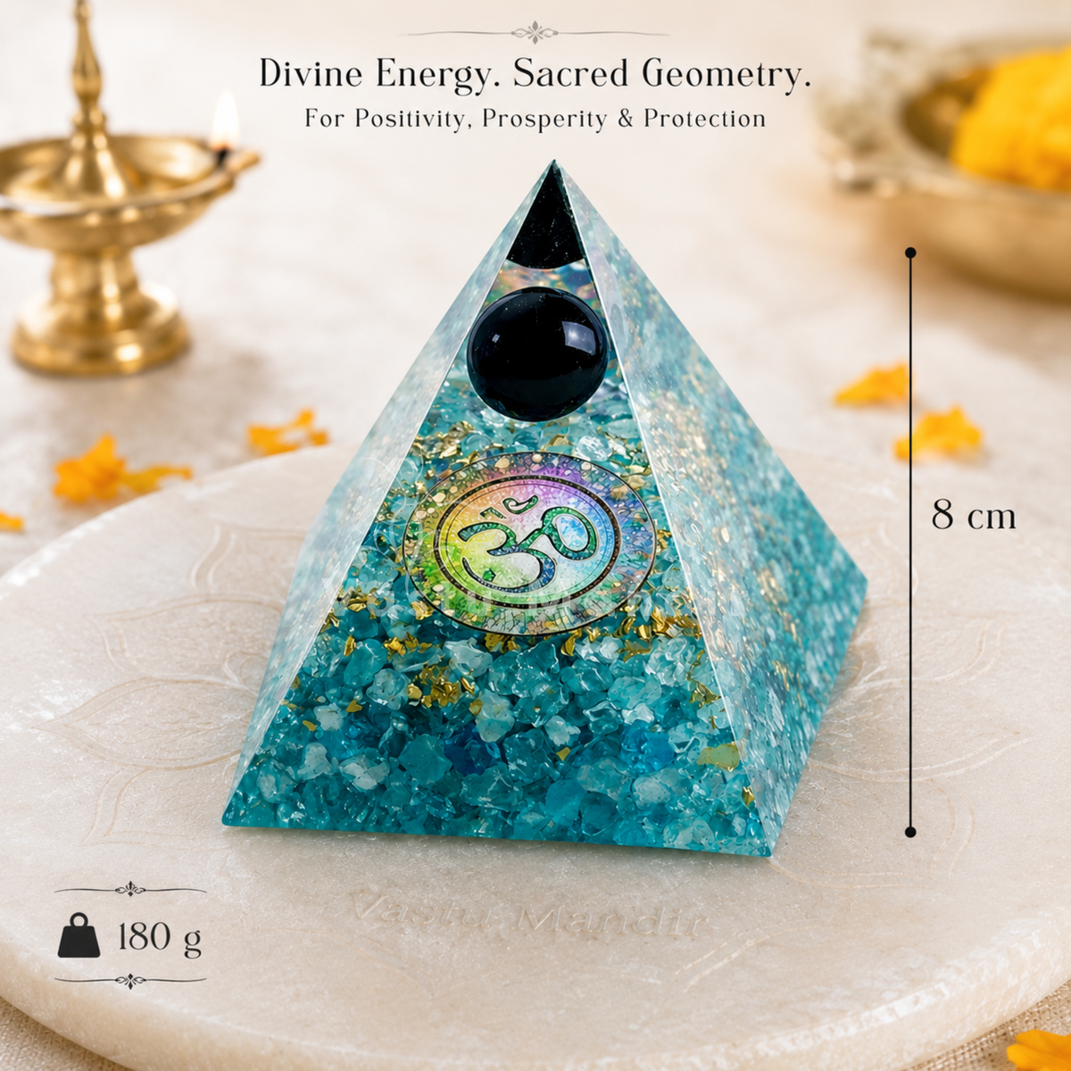 Natural Turquoise Crystal Sphere Pyramid Vastu Remedy for Good Fortune, Protection from Negativity and Healing Support for East and West Zone Placement | 8 cm | 180 g
