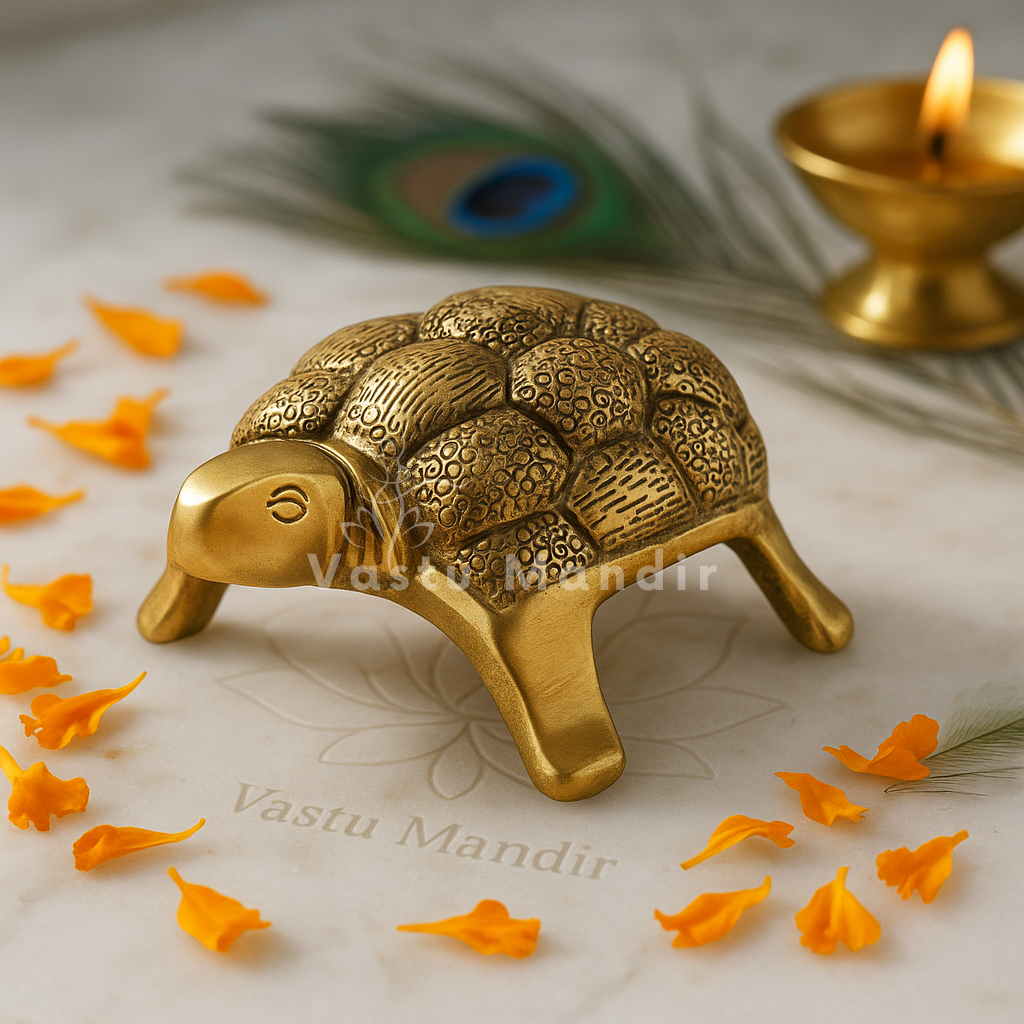 Brass small tortoise idol alternate front angle on a white sacred plate