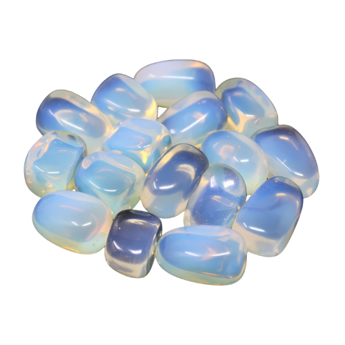 Small pile of blue-white opalite tumbled stones isolated on a white background