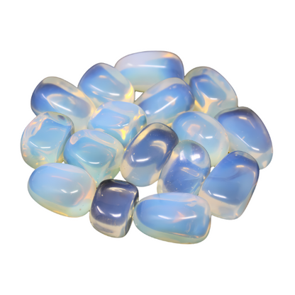 Small pile of blue-white opalite tumbled stones isolated on a white background