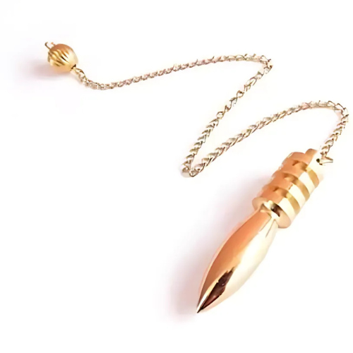 Angled close-up of brass four-plated pendulum body on a white background