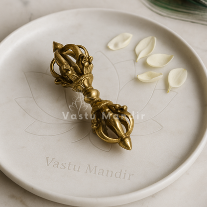 Brass Vajra Dorje ritual tool on a white plate with small white petals