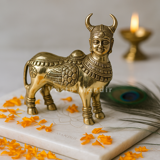 Brass Kamdhenu cow idol on a sacred platform with diya and marigold petals