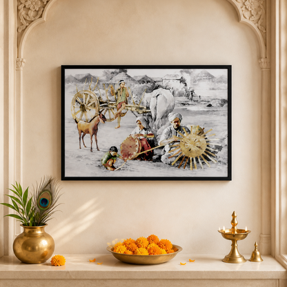 Village Scenery Framed artwork of a historical scene with people and animals on a wall above a decorative shelf.