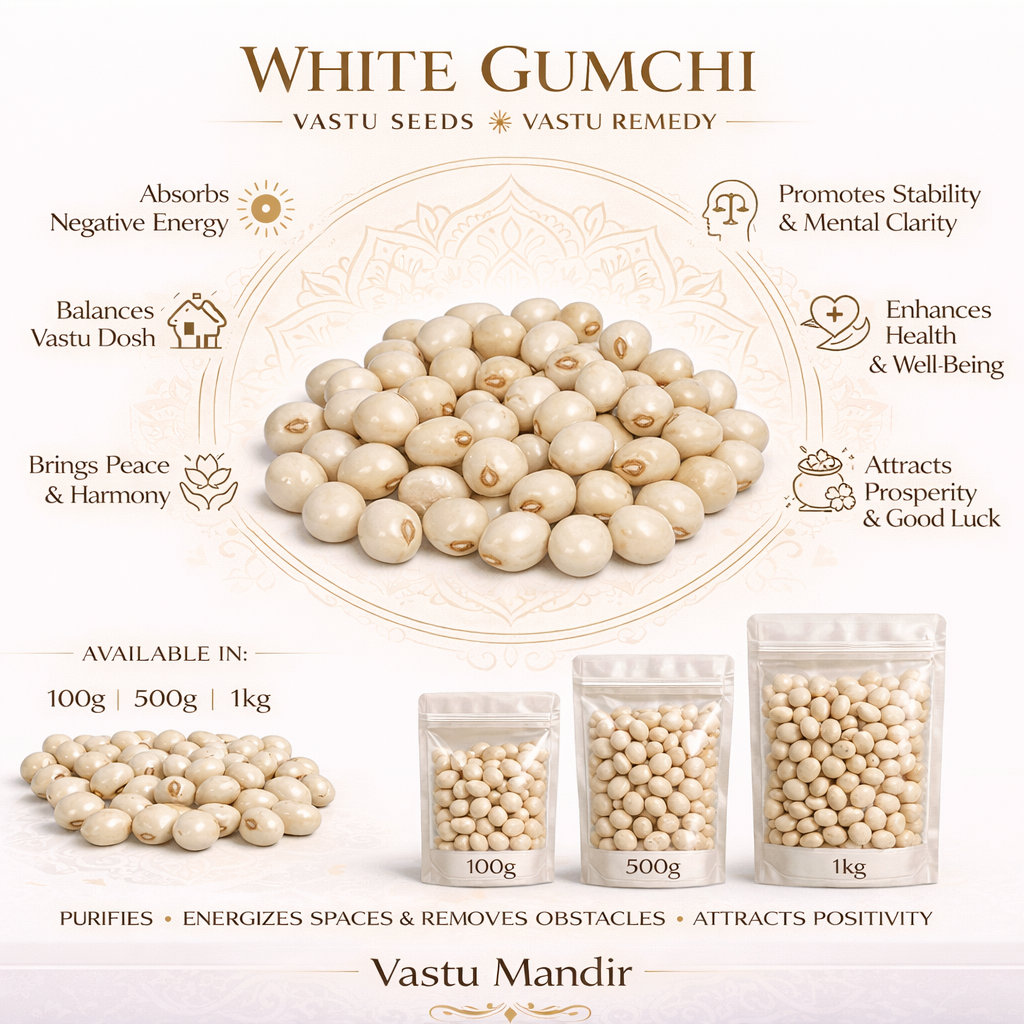 White gumchi seeds with packaging and benefits listed on a white background