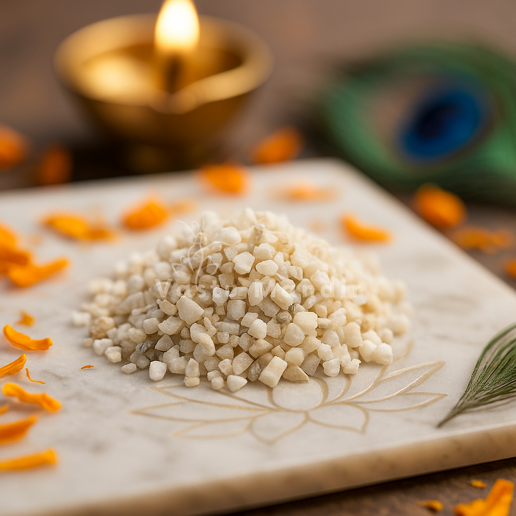 White calcite crystal chips arranged on a carved white plate with marigold petals and a softly lit diya