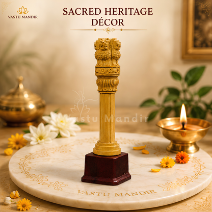 A wooden Ashoka pillar with a lion-headed decorative pillar on a dark reddish brown base. It is placed on a round marble tray with flowers, a brass lamp and a blurred indoor setting. Text on top is ‘SACRED HERITAGE DÉCOR’ and ‘VASTU MANDIR’ is a watermark/brand.