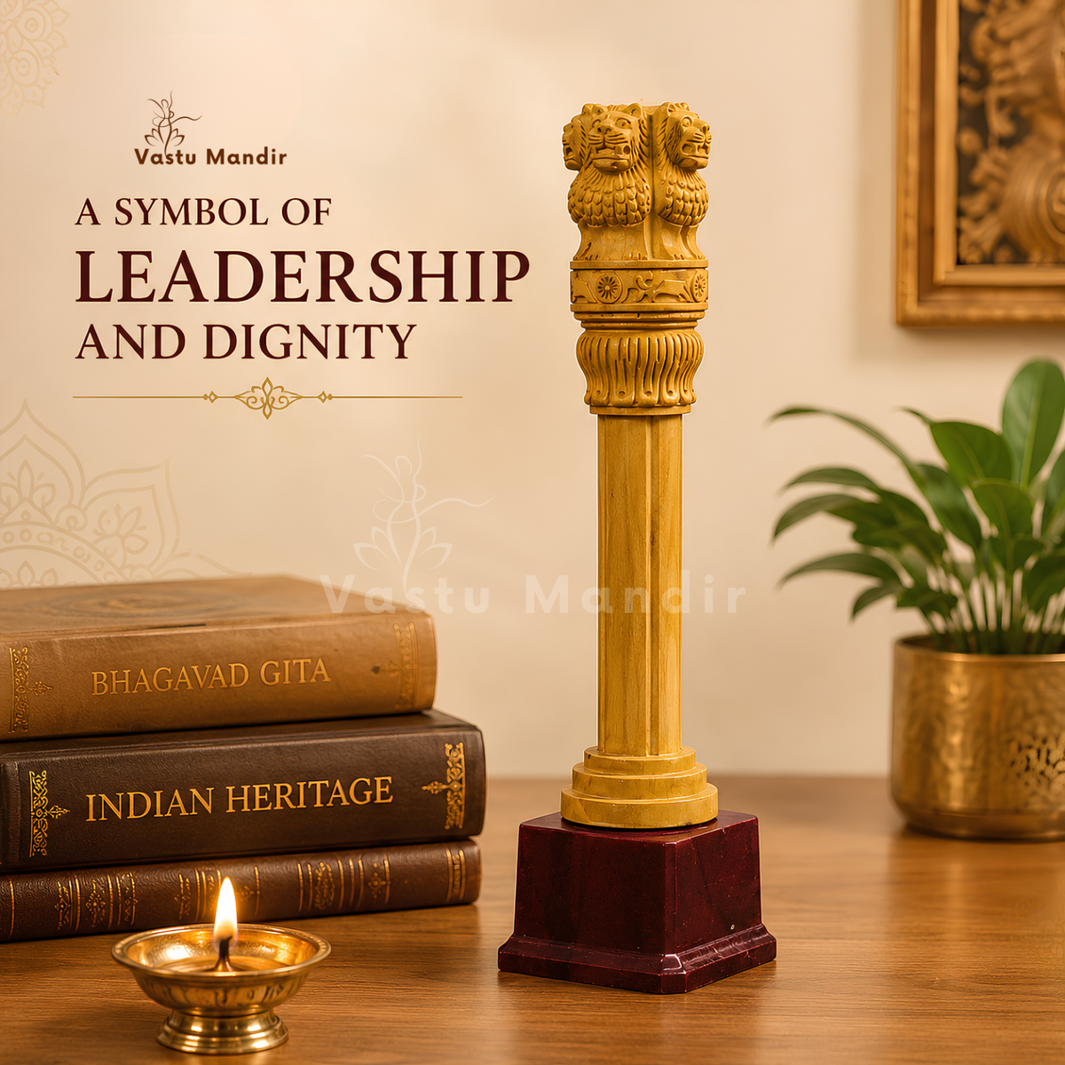 Wooden Ashoka pillar shown in a clean front product view