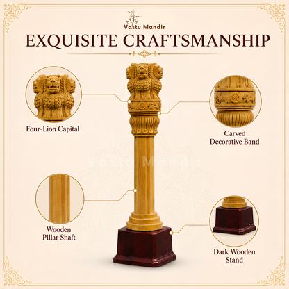 Wooden Ashoka pillar displayed in a styled heritage décor setting