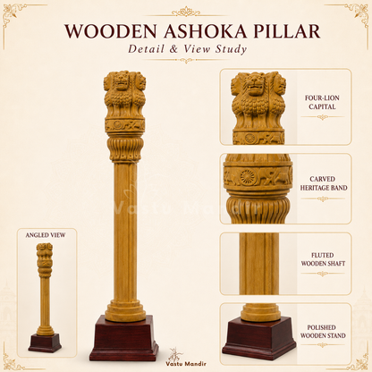 Angled view of the wooden Ashoka pillar and square base