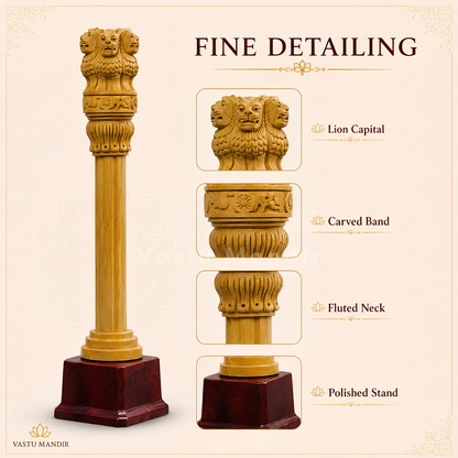 Wooden Ashoka pillar shown on a light decorative surface