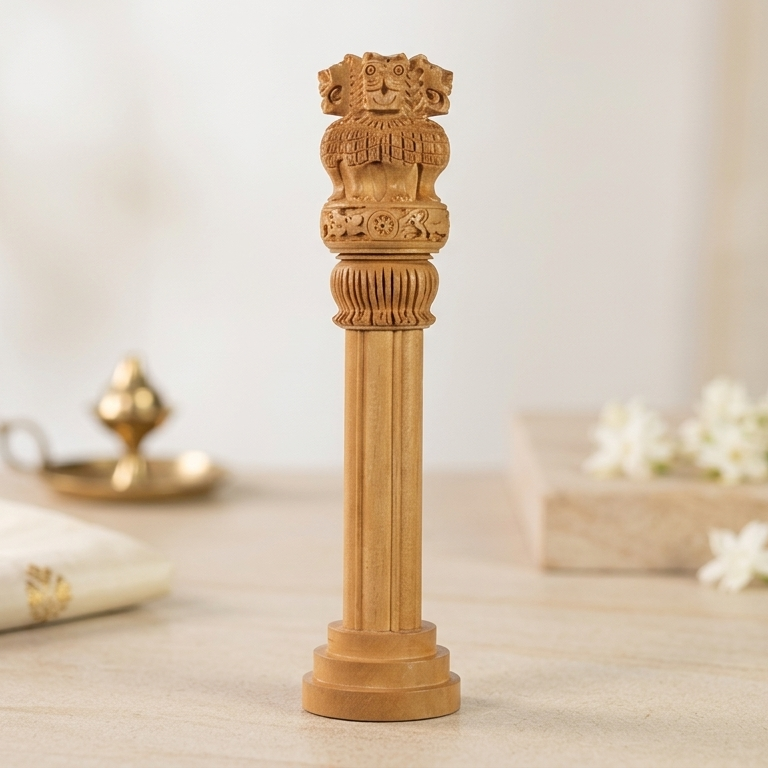 Wooden Finish Ashoka Pillar Idol Vastu Remedy on a neutral background