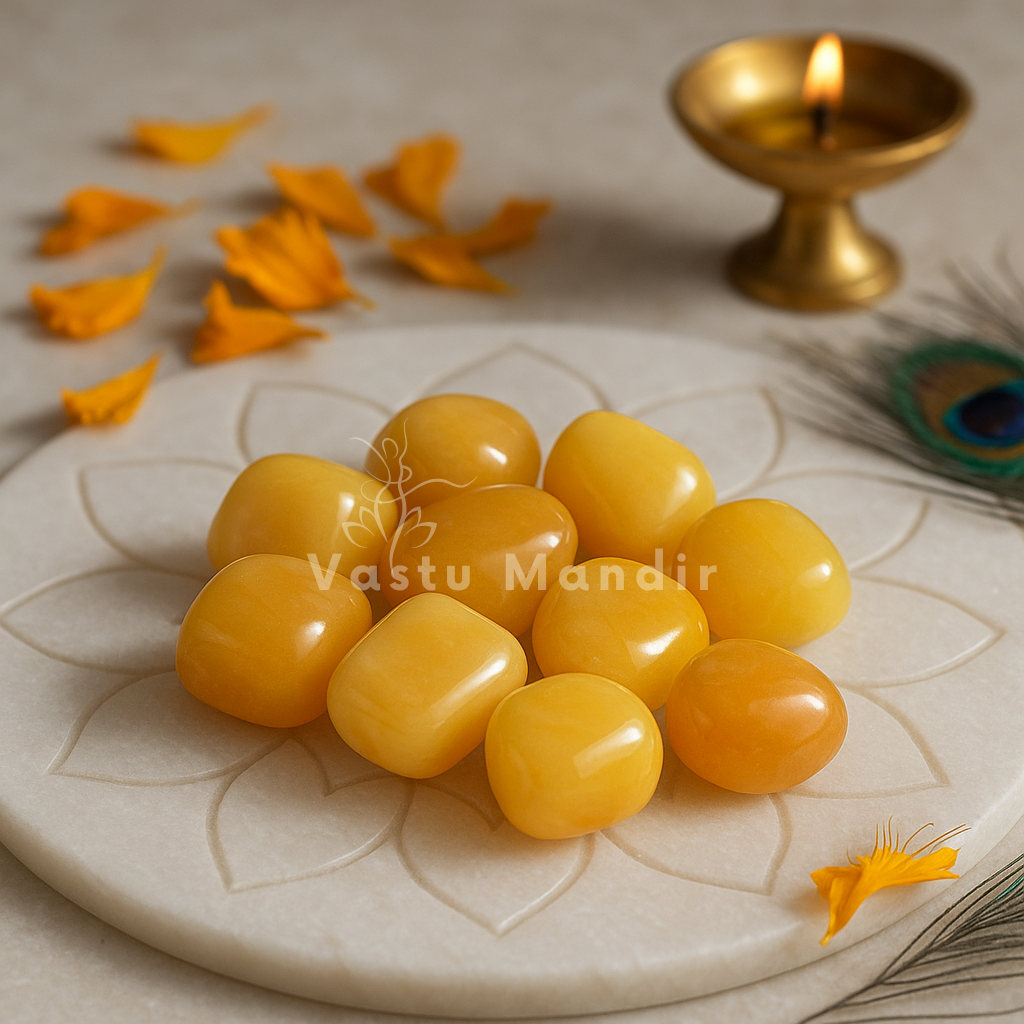 Angled view of yellow jade tumbled stones on a white plate with marigold petals and a peacock feather