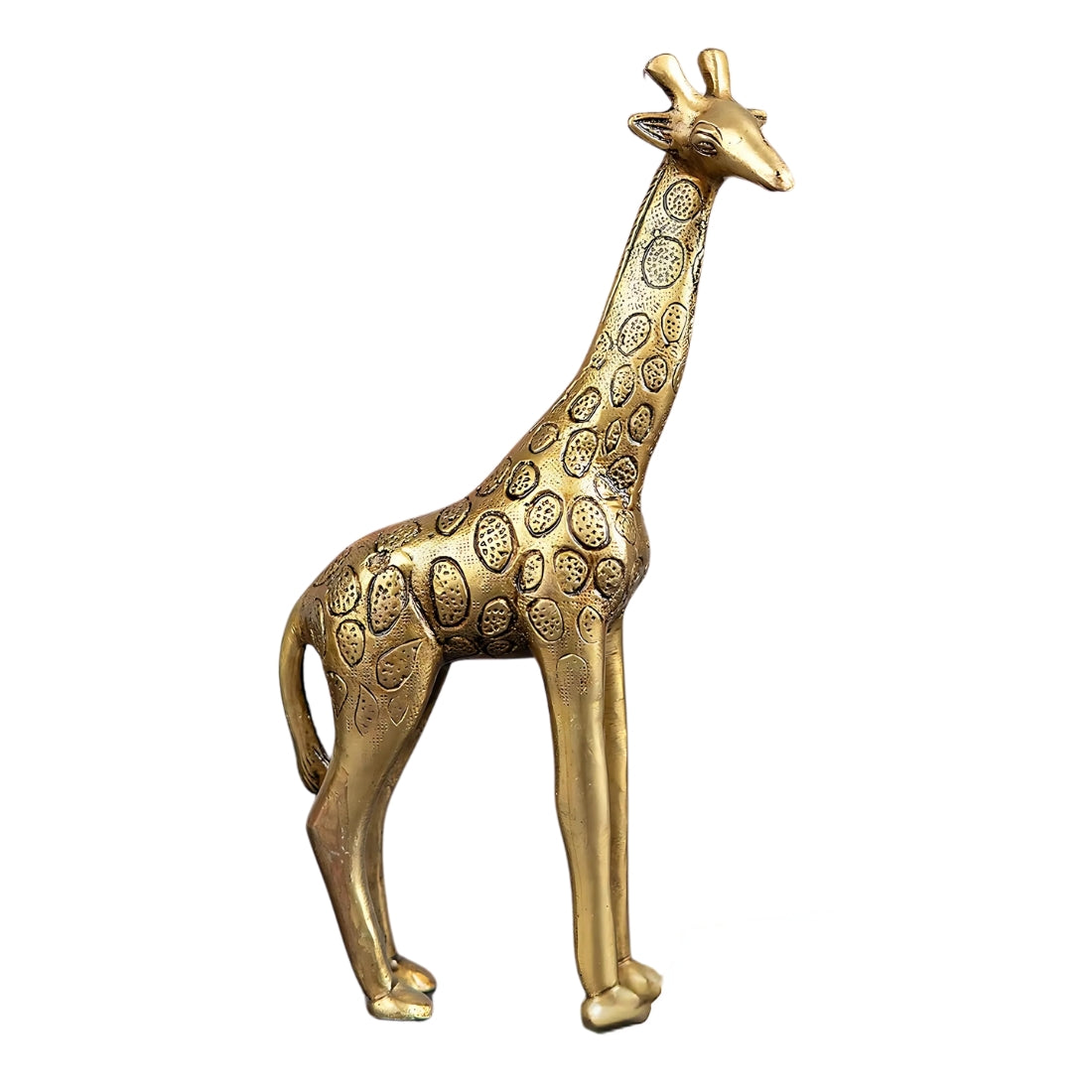 Brass giraffe idol full side view isolated on white background