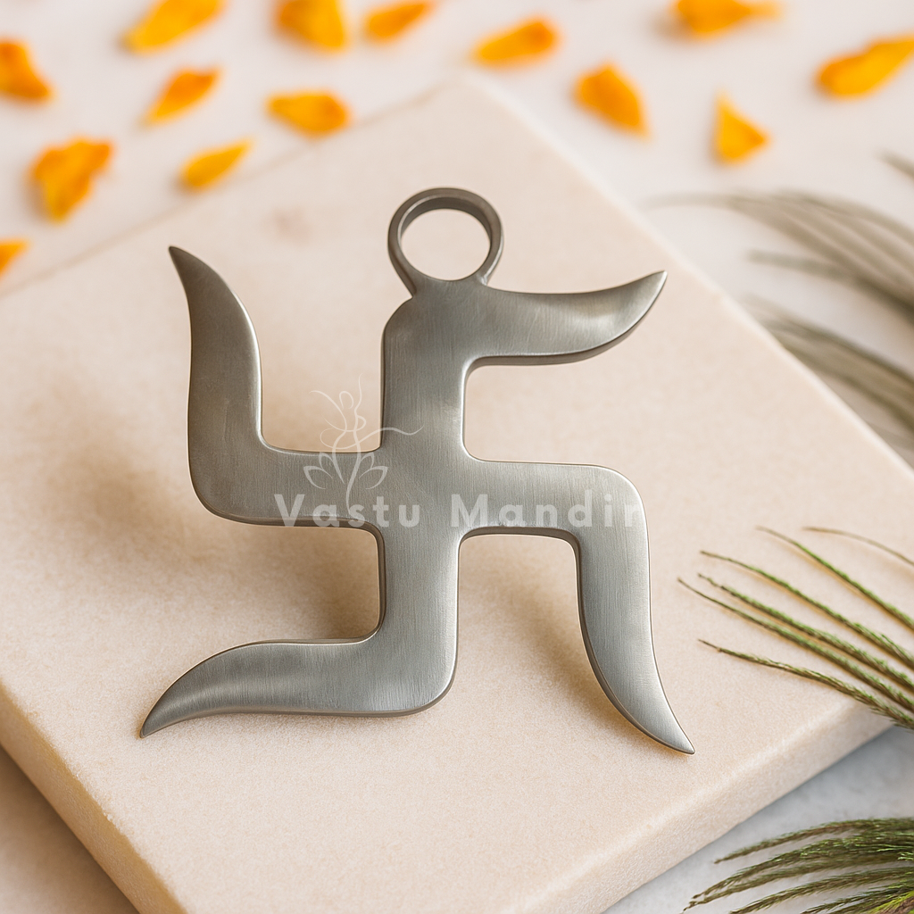 Metallic Swastika symbol on a beige surface with decorative elements