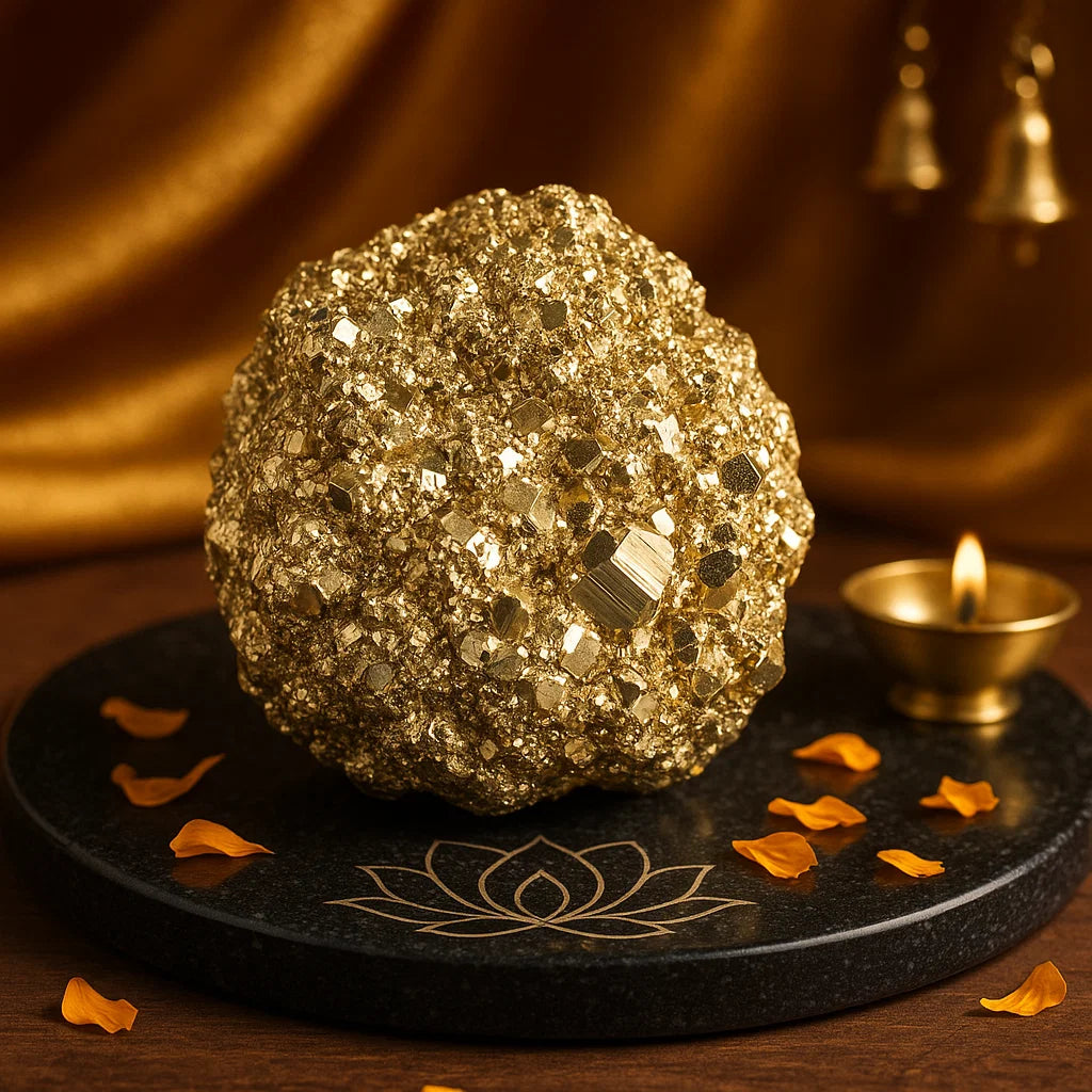 Close view of a bright golden pyrite cluster on a black surface with brass decor
