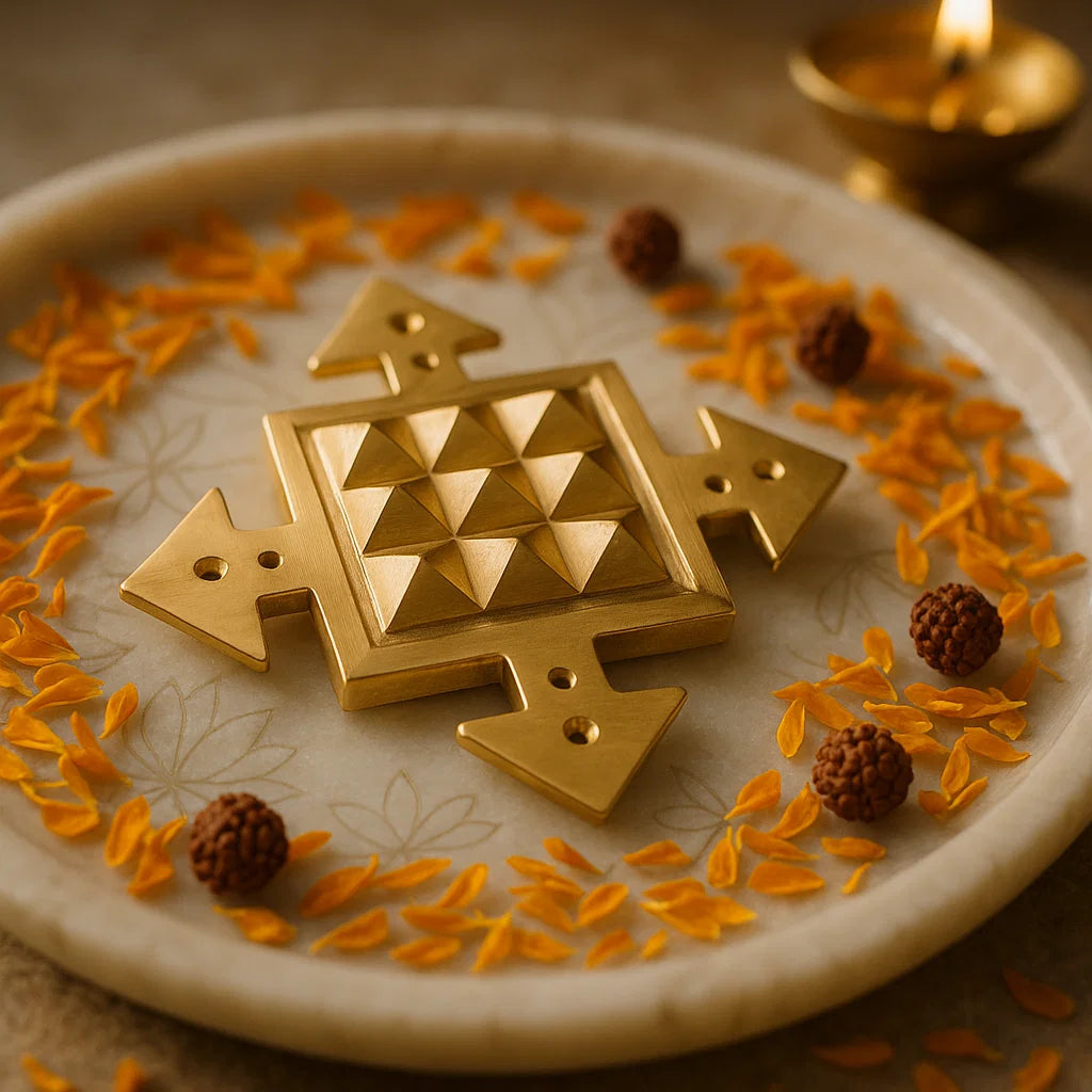 Brass pyramid arrow shown in a styled sacred décor setting