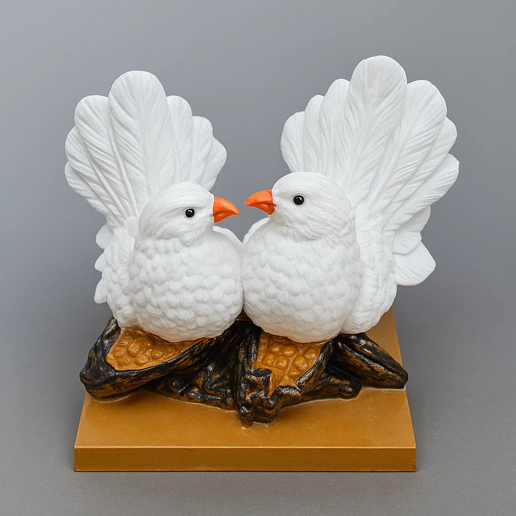 White love birds pair resin sculpture shown from the front