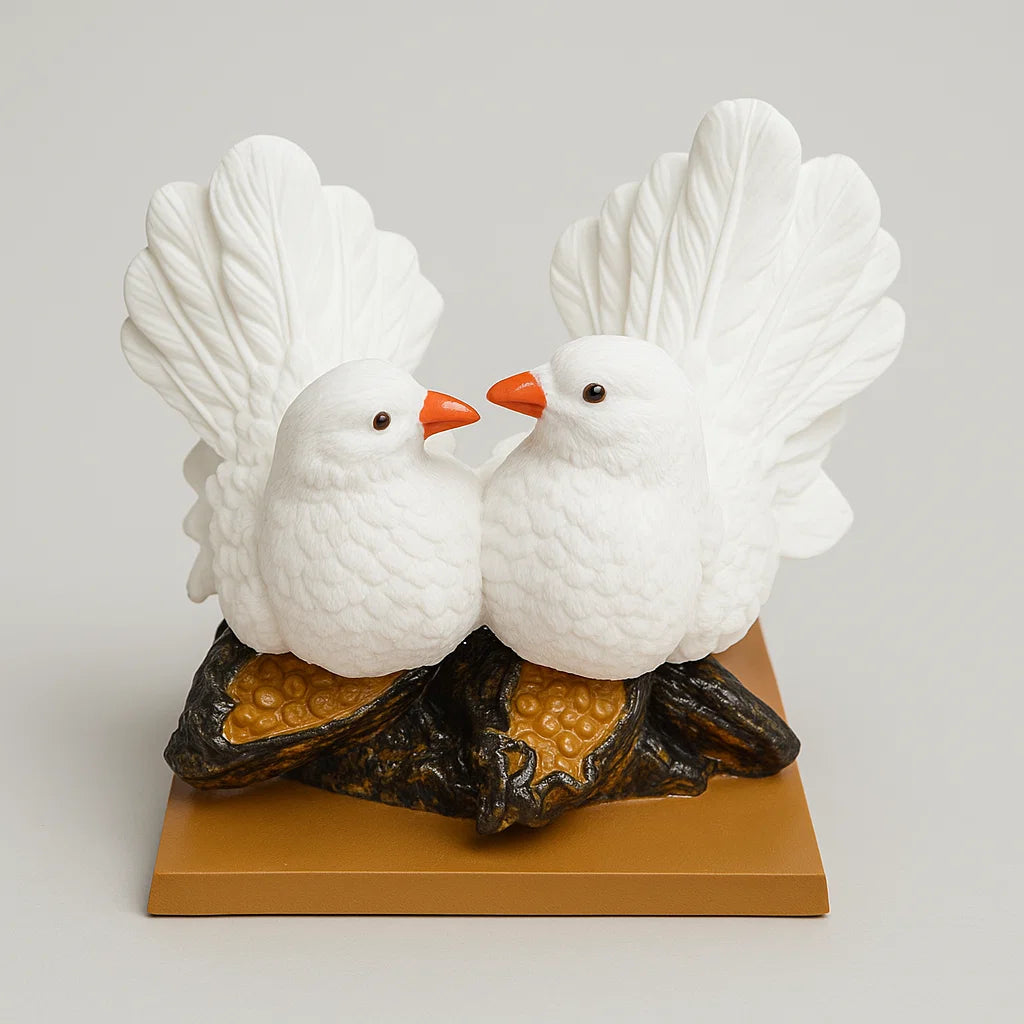 Side perspective of white love birds decorative resin figurines