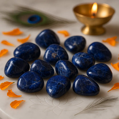 Natural sodalite tumbled stones arranged in a warm low-light product setting